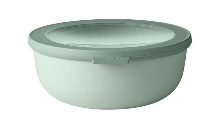 Mepal Multischüssel Cirqula 1250 ml in hellgrün mit transparentem Deckel und Lasche, abgebildet auf weißem Hintergrund.