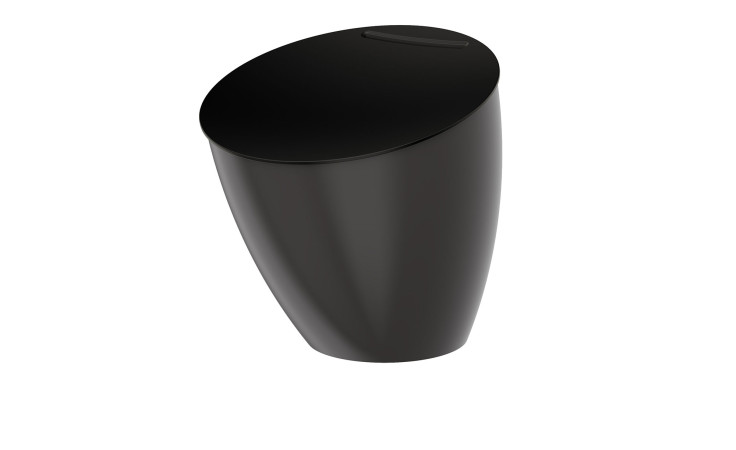 Der Mepal Abfallbehälter Calypso 2,2 l ist ein eleganter schwarzer Abfalleimer mit einem ovalen Deckel, der auf weißem Hintergrund abgebildet ist.