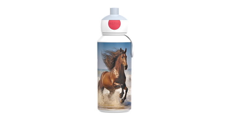 Mepal Trinkflasche Campus Wild Horse 400 ml-klares Fläschchen mit braunem Pferdedruck, weiß/roter Verschluss, mehrfarbige Dekorationen.