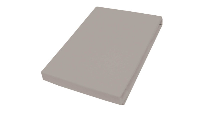 Ein gefaltetes, hellgraues Jersey-Boxspring-Spannbettlaken (140-160 x 200 cm) auf weißem Hintergrund.