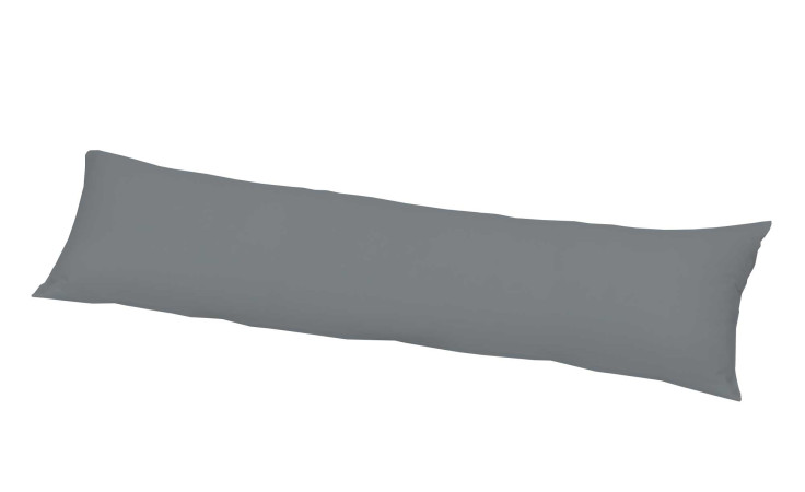 Eine lange, rechteckige Jersey-Kissenhülle 40 x 140 cm in anthrazitgrau mit Naturfaserbezug auf weißem Grund.
