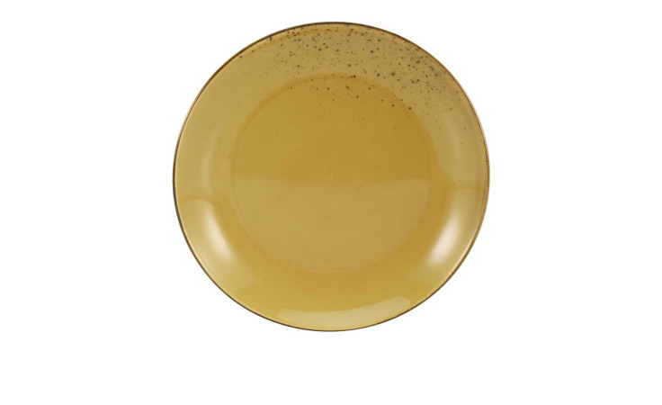 Der Creatable Speiseteller Nature ist ein runder, gelber Teller (27 cm) mit einem gesprenkelten Rand auf weißem Grund.