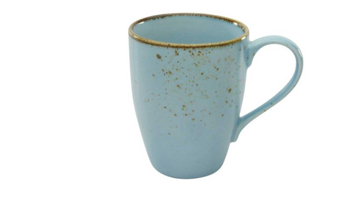 Creatable Kaffeebecher Nature 300 ml, 11 cm hoch, mit Henkel, braunen Sprenkeln und braunem Rand auf Weiß.