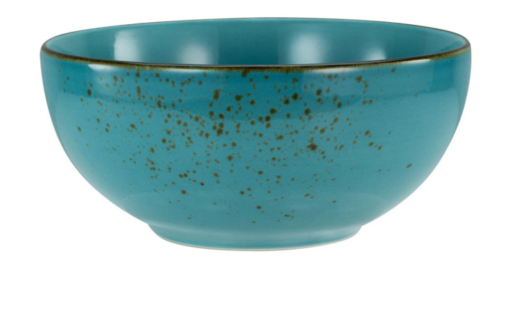 Die Creatable Buddha Bowl Nature 17,5 cm in Türkis mit braunen Sprenkeln und einer glänzenden Oberfläche auf weißem Hintergrund.
