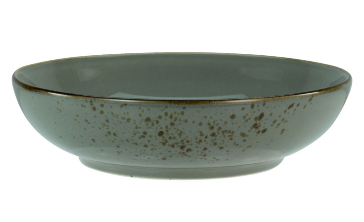 Creatable Poke Bowl Nature 22,5 cm - eine flache, runde Schale mit grünlich-grauer Glasur und braun gesprenkeltem Muster.