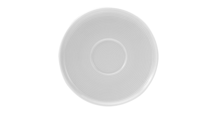 Die Creatable Kaffeeuntere Session 15 cm ist ein schlichter, runder Teller aus Weißem Porzellan mit einem dezenten Kreismuster, Ansicht von oben.
