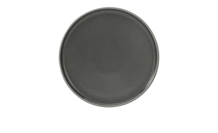 Der Creatable Speiseteller Session 26 cm ist ein runder, dunkelgrauer Teller mit einem dezenten Spiralmuster auf weißem Hintergrund.