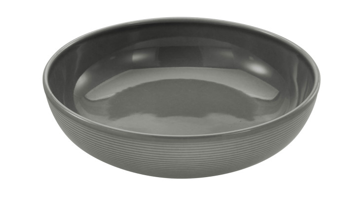 Creatable Poke Bowl Session, rundes graues Porzellan, 21 cm, innen glatt und außen strukturiert, auf weißem Grund.