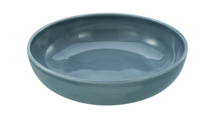 Die Creatable Poke Bowl Session 21 cm ist eine runde, blau gerippte Porzellanschale auf weißem Hintergrund.