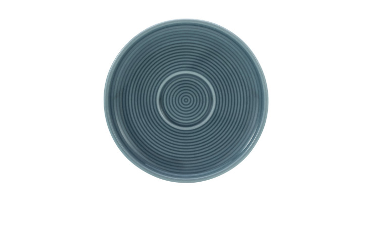 Der Creatable Espressountere Session 12 cm, ein runder blauer Porzellanteller mit Rillen, von oben gesehen auf weiß.