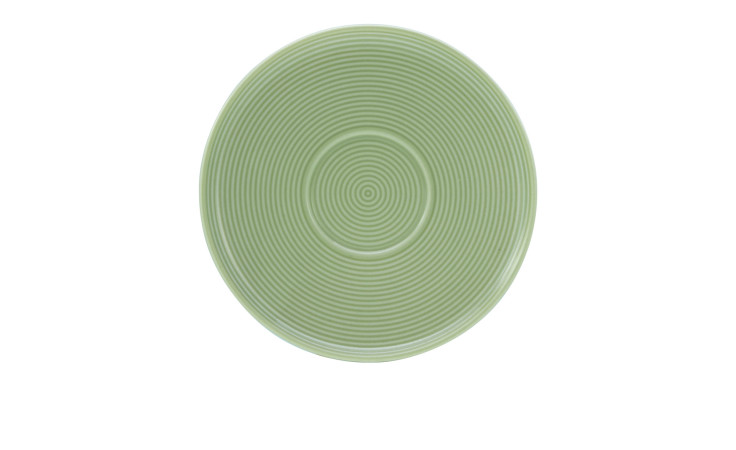 Creatable Kaffeeuntere Session 15 cm, runder hellgrüner Porzellanteller mit konzentrischen Kreisen, Farbton Salbei.