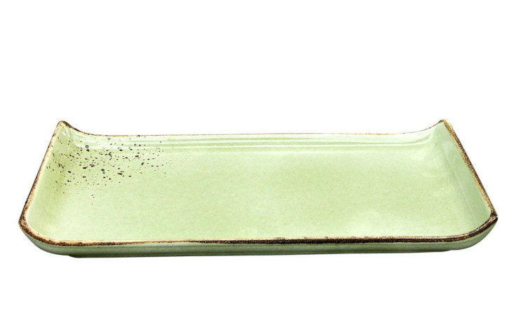 Creatable Servierplatte Nature 33 x 16,5 cm: grünes Steingut-Tablett mit erhöhtem Rand und rustikal gesprenkeltem Rand.