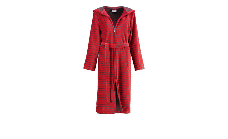 Cawö Damenbademantel Gr. 38, rot-grau gestreift, aus weicher Naturfaser, mit Kapuze, Reißverschluss und Bindegürtel.