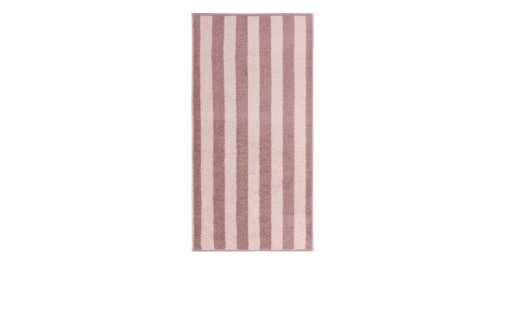 Das Cawö Handtuch 50 x 100 cm Vintage Rose zeigt vertikale rosa und beige Streifen auf weißem Grund.