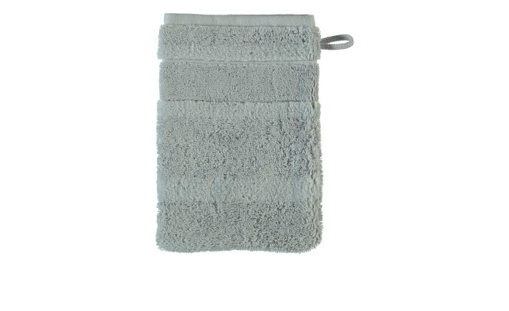 Cawö Waschhandschuh 16x22 1002 Uni 705 platin aus Naturfaser mit Aufhängeschlaufe auf weißem Hintergrund.