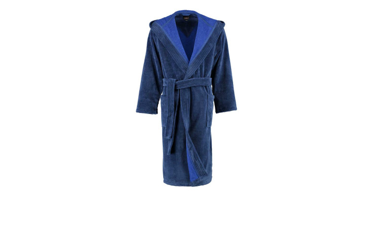 Cawö Herrenbademantel Gr. 54/56, blau, mit Kapuze und Gürtel aus Mischgewebe, auf weißem Hintergrund.