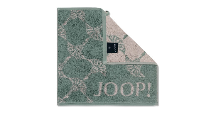 Ein grün-beiges JOOP! Seiflappen Classic 30x30cm mit Blättermuster und Logo, auf der Vorder- und Rückseite gefaltet.
