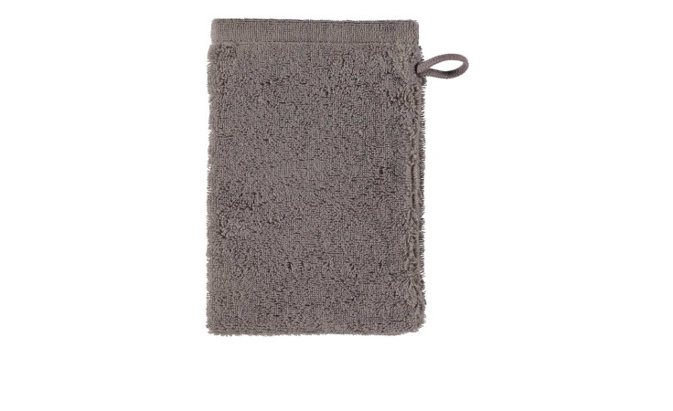 Ein Cawö Waschhandschuh Lifestyle 16 x 22 cm in Graphit Grau, Naturfaser, mit Schleife auf weißem Hintergrund.