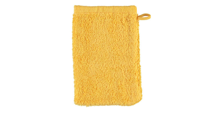 Ein gelber Cawö Waschhandschuh Lifestyle 16 x 22 cm mit kleiner Aufhängeschlaufe, abgebildet auf weißem Hintergrund.