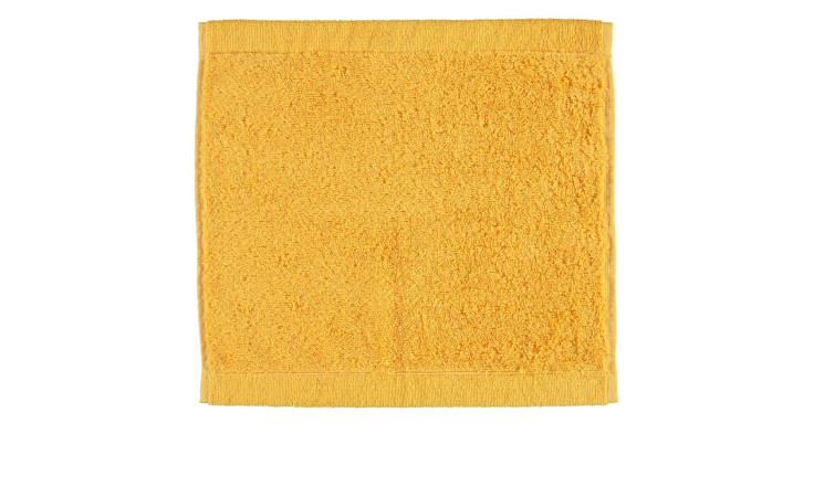 Ein gelber Seiftuch Lifestyle Waschlappen 30x30 cm von Cawö, mit strukturierter Oberfläche, auf weißem Hintergrund.