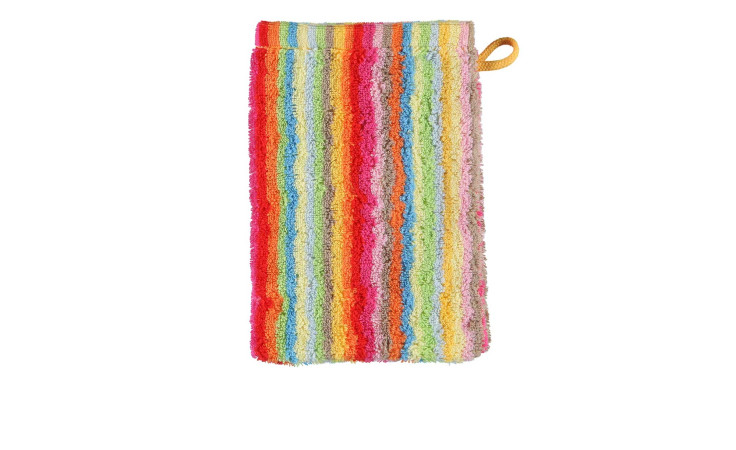 Der Cawö Waschhandschuh Lifestyle 16 x 22 cm hat bunte Streifen und eine gelbe Aufhängeschlaufe.