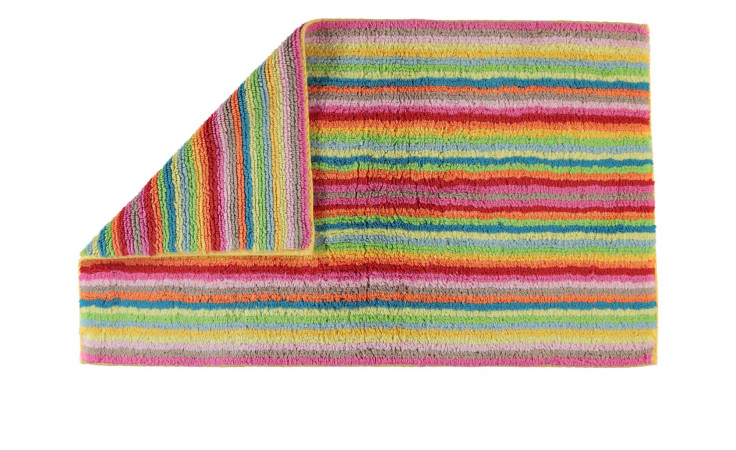 Badteppich Lifestyle 60 x 100 cm von Cawö, mehrfarbig gestreift, gefaltete Ecke zeigt Muster auf Rückseite.