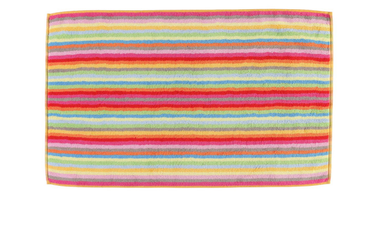 Badematte Lifestyle 50 x 80 cm von Cawö aus Naturfaser mit bunten Streifen auf weißem Hintergrund.