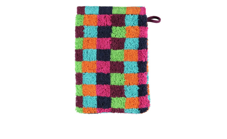 Der Cawö Waschhandschuh Lifestyle 16 x 22 cm ist ein mehrfarbig karierter Waschlappen in blau, grün, orange, pink, lila und schwarz.