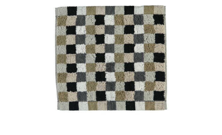 Seiftuch Lifestyle 30 x 30 cm von Cawö in Grau, beige, schwarz und olivgrün kariert auf weißem Hintergrund.
