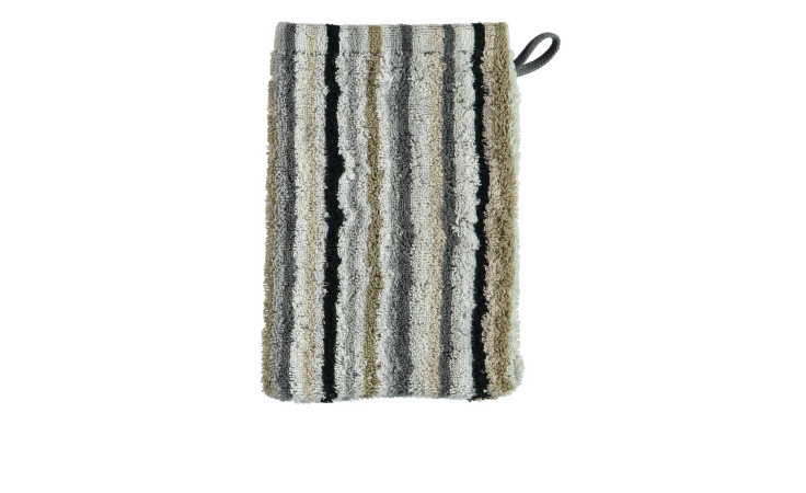 Cawö Waschhandschuh Lifestyle 16x22 cm in Grau/Beige Streifen aus Naturfaser mit Aufhänger oben rechts.