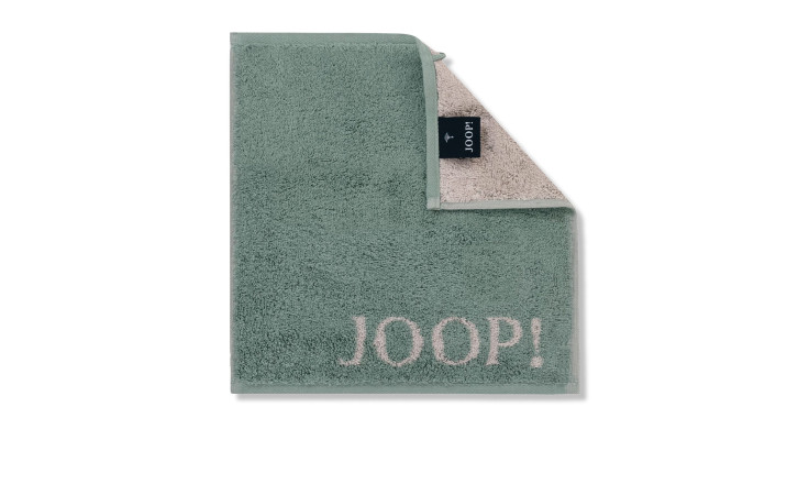 JOOP! Seiflappen Classic 30x30 cm, grün, Naturfaser, beige Rückseite, dunkles Label, Joop-Schriftzug auf Weiß.