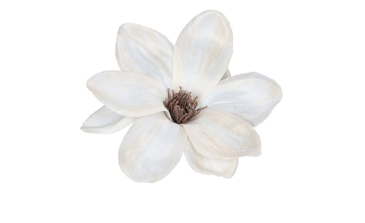 Magnolien-Clip 15 cmaus Kunststoff mit weißer Blüten, glitzernder Oberfläche und brauner Applikation in der Mitte.