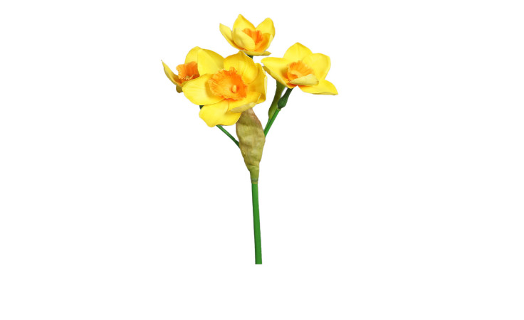 Die Narzissen-Pick 44 cm verfügt über fünf gelbe Narzissen mit orangefarbenen Zentren, perfekt für helle Dekorationen.