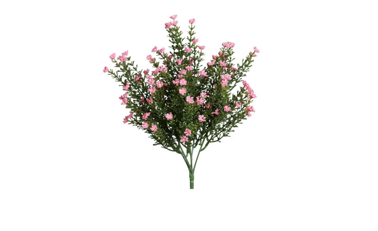Blüten Strauch 35 cm - grüner Kunststoff-Stiel mit kleinen pinken Blüten, ideal für Dekorationen, isoliert auf Weiß.