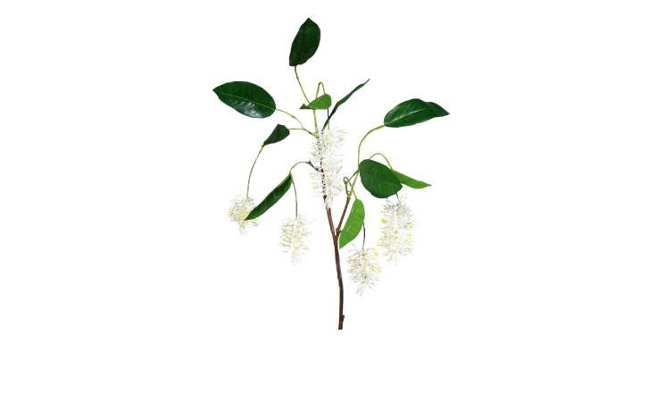 Pfeifen-Putzer-Zweig 96 cm aus Kunststoff mit braunen Stiel, grünen Blätter und weißen Blüten.