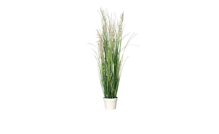 Gras 115 cm aus Kunststoff in grün mit weißen Applikationen und Untertopf.