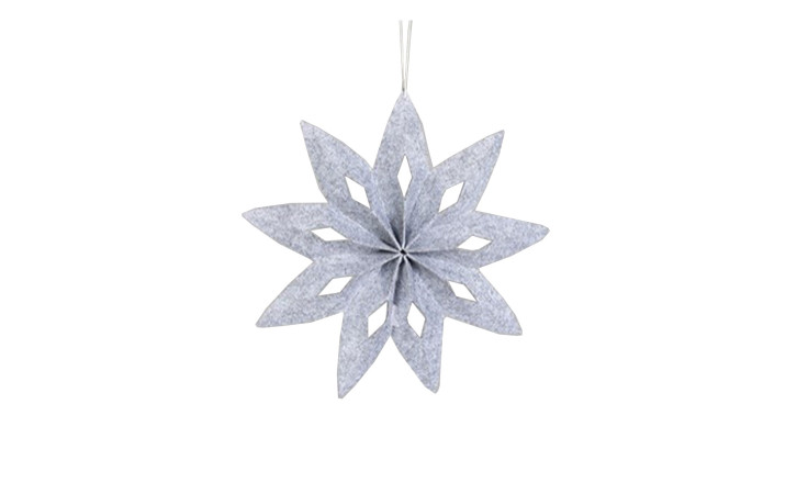 Sternförmiges Ornament aus grauem Filz mit Ausschnitten, an einer Schnur hängend; passend zu DPI Douglasie 93 cm.