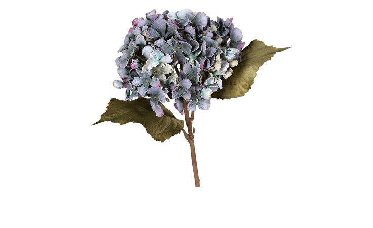 Hortensie 45 cm aus Kunststoff mit grünen Stiel und Blätter und blauen Blüten.