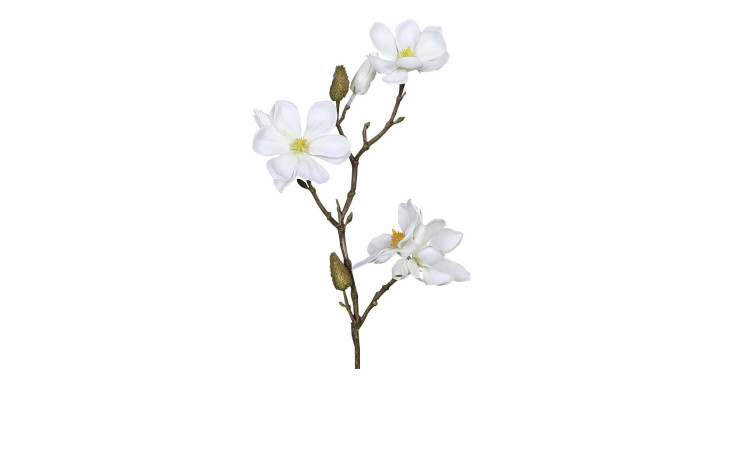 Magnolien-Pick 40 cm aus Kunststoff mit weißen Blüten, grünen Applikationen und braunen Stiel.