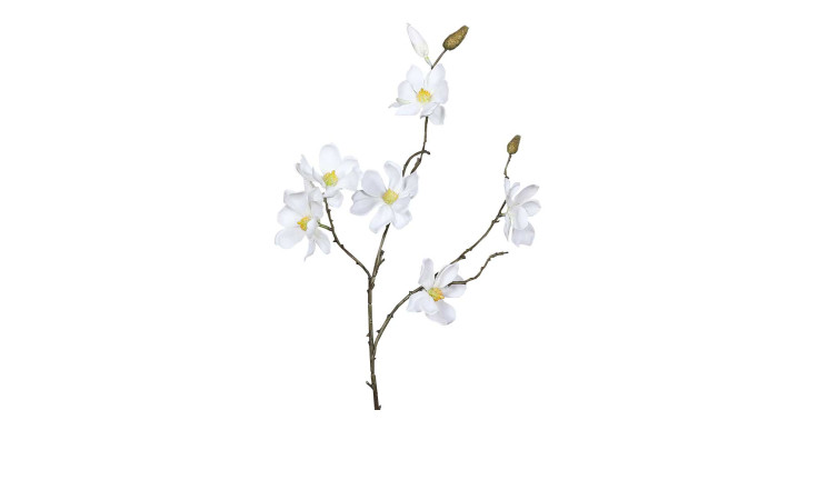 Magnolien-Pick 82 cm aus Kunststoff mit weißen Blüten, grünen Applikationen und braunen Stiel.