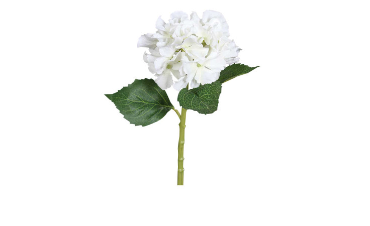 Hortensien 32 cm aus Kunststoff mit weißen Blüten und grünen Stiel und Blätter.