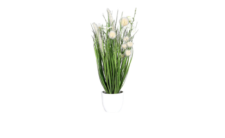 Weißer Kunststofftopf mit Wiesenblumen 40 cm, grünen Blättern und beigen, flauschigen Blüten vor weißem Hintergrund.