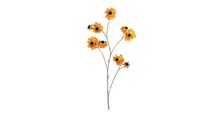 Cosmea 101 cm: Einzelner Kunststoffstiel mit fünf gelb-orangen Blüten und grüner Mitte auf weißem Grund.