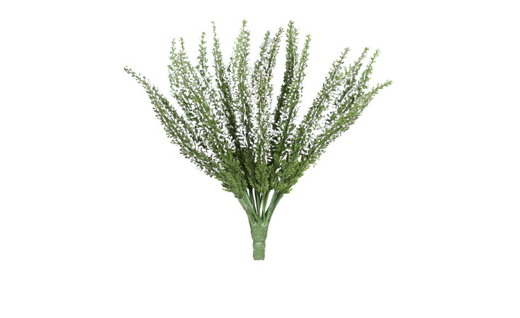 Ein Bündel von Erika 26 cm langen künstlichen Laubstängeln mit kleinen Blättern, aufgefächert vor einem weißen Hintergrund.