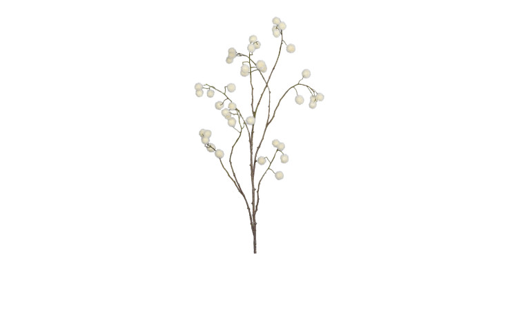 Der Kugelzweig 117 cm ist ein brauner Kunststoffzweig mit mehreren Stielen und kleinen weißen Beeren auf weißem Grund.
