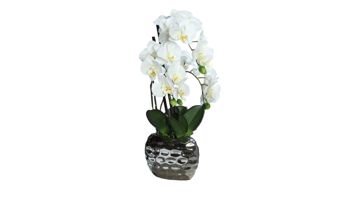 Orchidee-Phalaenopsis 50 cm aus Kunststoff mit weißen Blüten und grünen Stiel und Blätter. Zusätzlich mit einem Untertopf in silber.