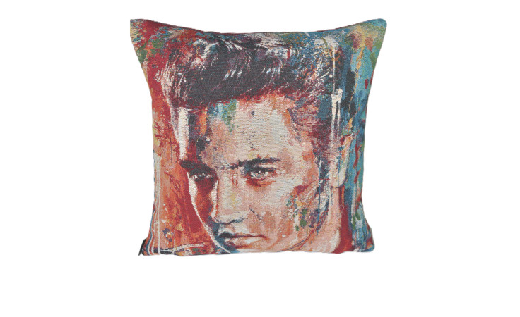 Kissenhülle Stars 45 x 45 cm aus Mischgewebe mit farbenfrohem Männerporträt auf weißem Hintergrund.