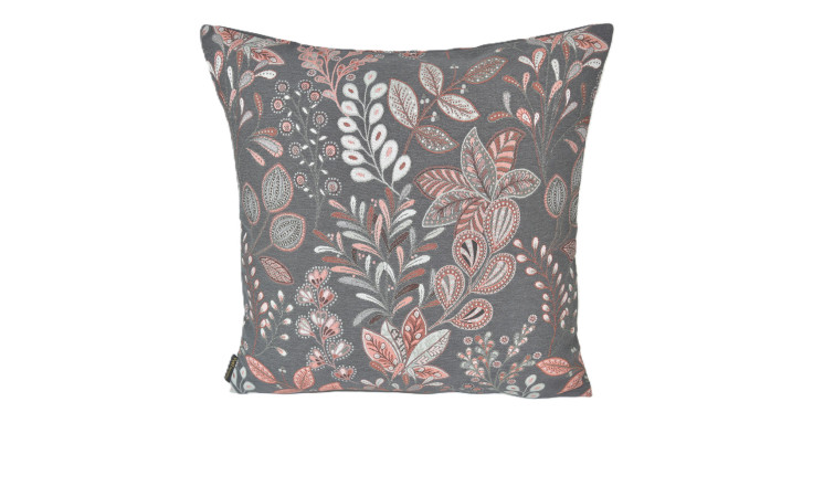 Kissenhülle Godon 50x50 cm: Quadratische graue Kissenhülle mit rosa-weißem Blumen- und Blattmuster auf der Vorderseite.