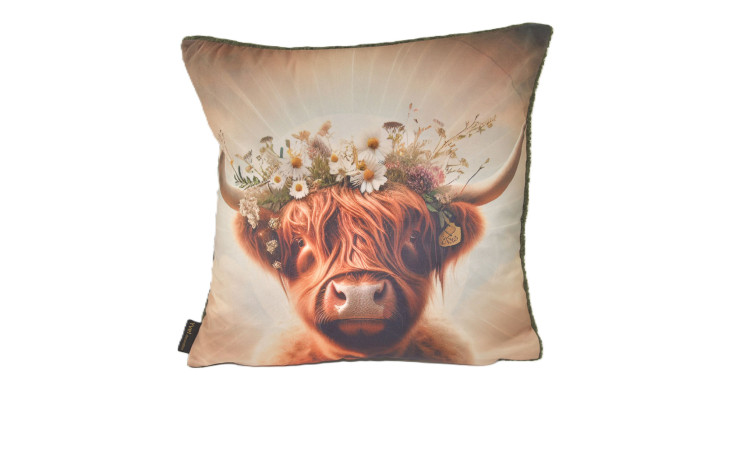 Kissenhülle El Toro 45x45 cm, mehrfarbig mit Highland Cow und Blumenkrone - modern und dekorativ.