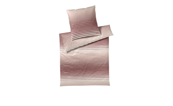 Joop Mako-Satin-Bettwäsche Shutter-JOOP! 155x220 cm mit rosa, bordeaux und weißen Streifen auf weißem Grund.